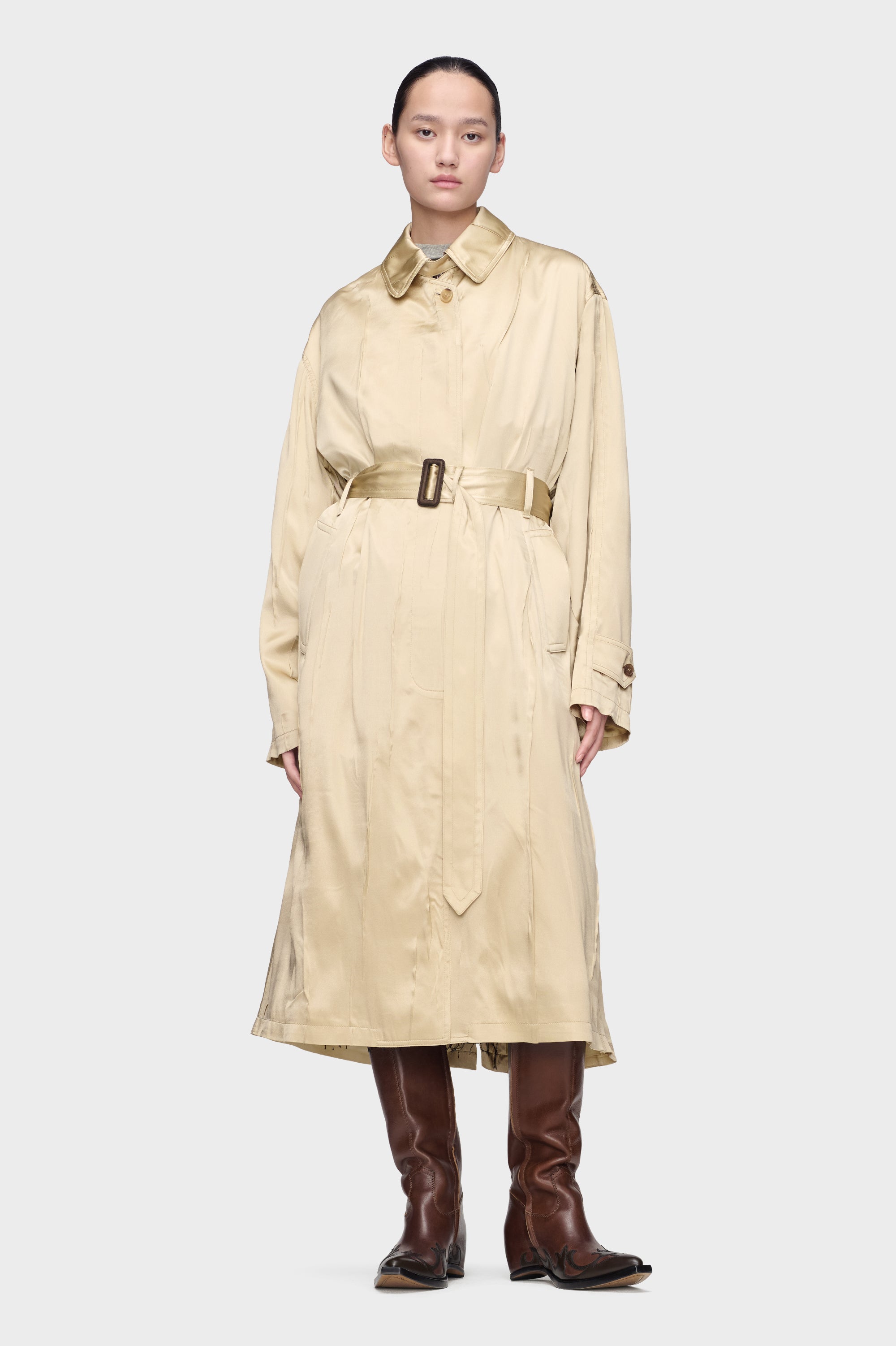 Designer Beige Creased Silk Trench Coat | Shop Online | Maison