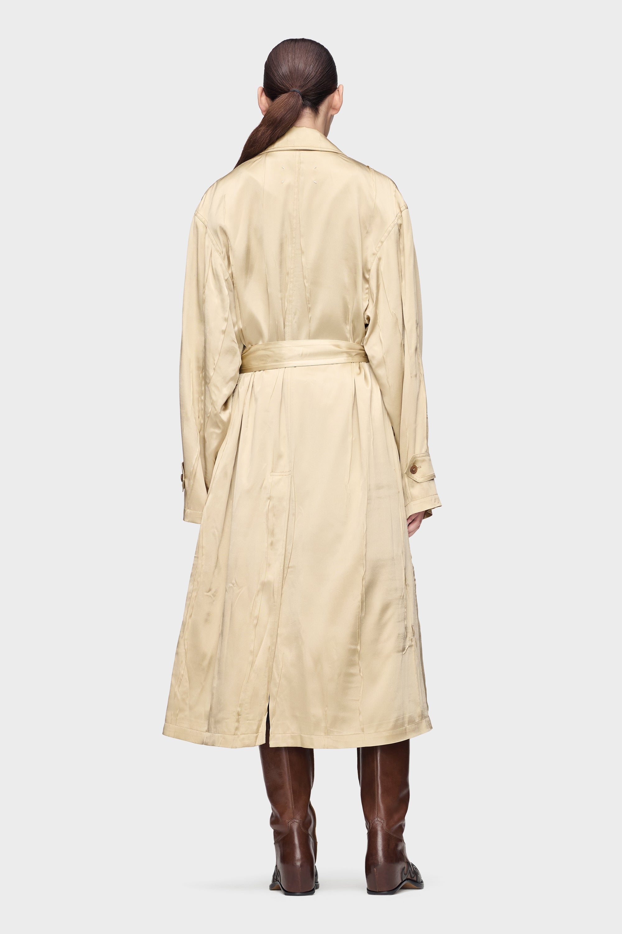 Designer Beige Creased Silk Trench Coat | Shop Online | Maison