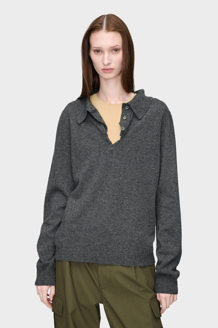 Draped Collar Wool Polo Sweater