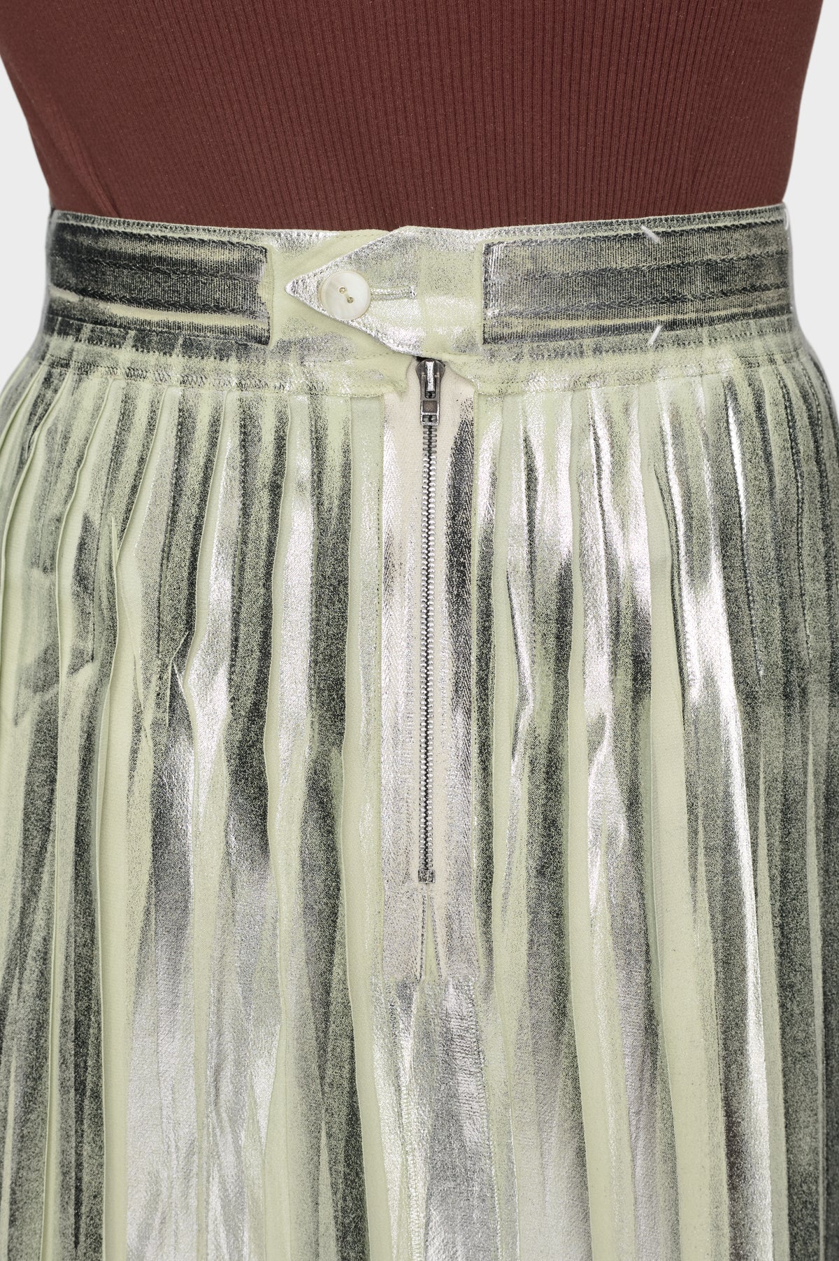 Pleated Metallic Silk Midi Skirt