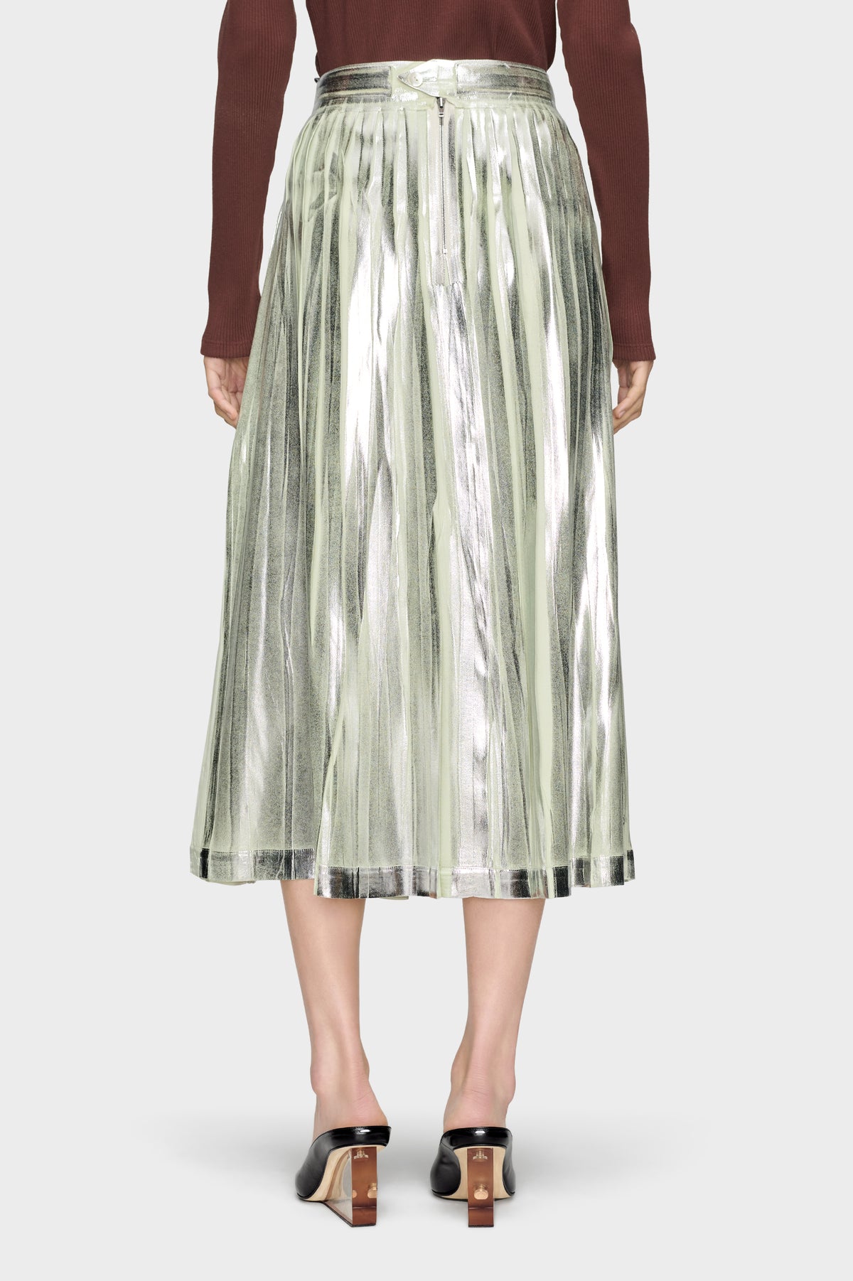 Pleated Metallic Silk Midi Skirt