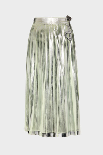 Pleated Metallic Silk Midi Skirt