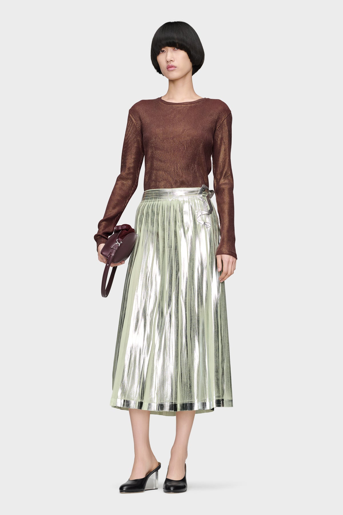 Pleated Metallic Silk Midi Skirt
