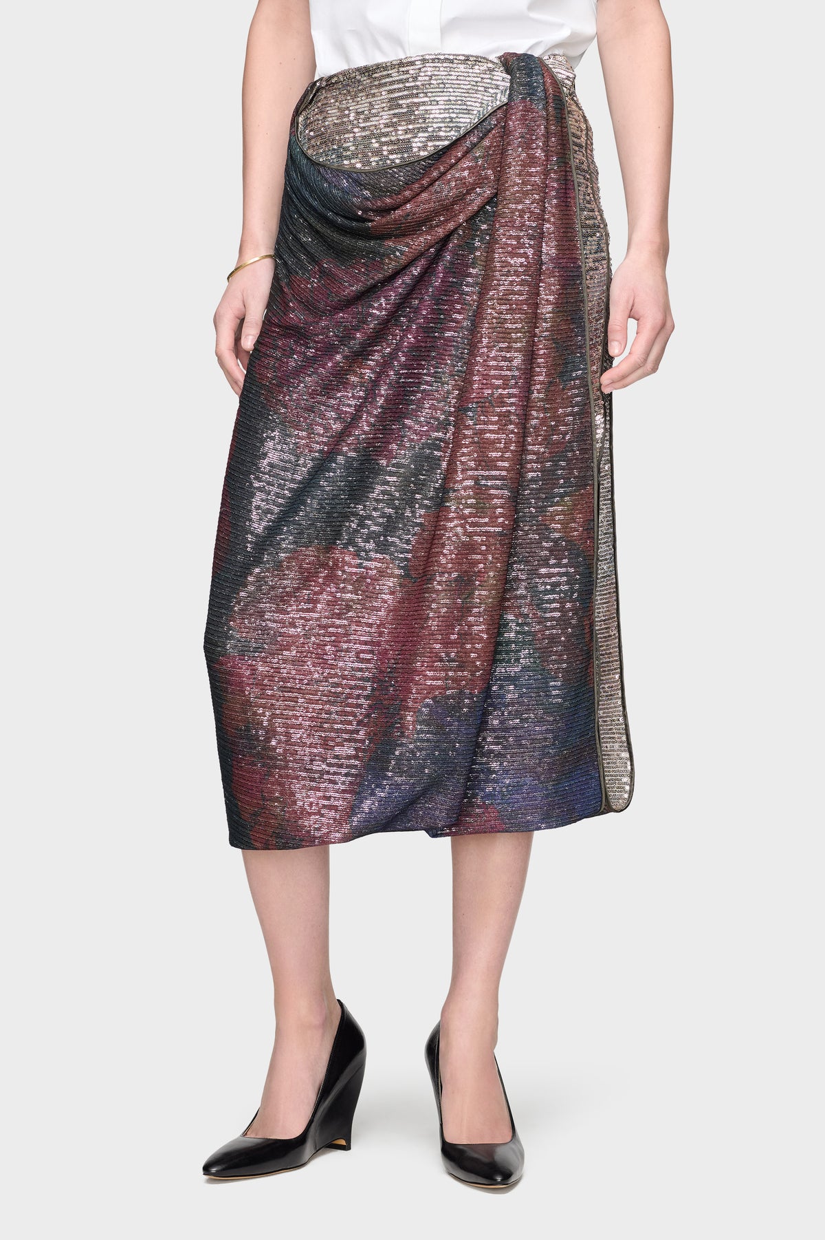 Printed Paillettes Draped Maxi Skirt