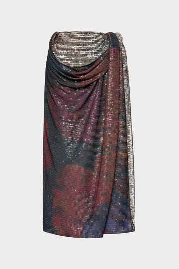 Printed Paillettes Draped Maxi Skirt