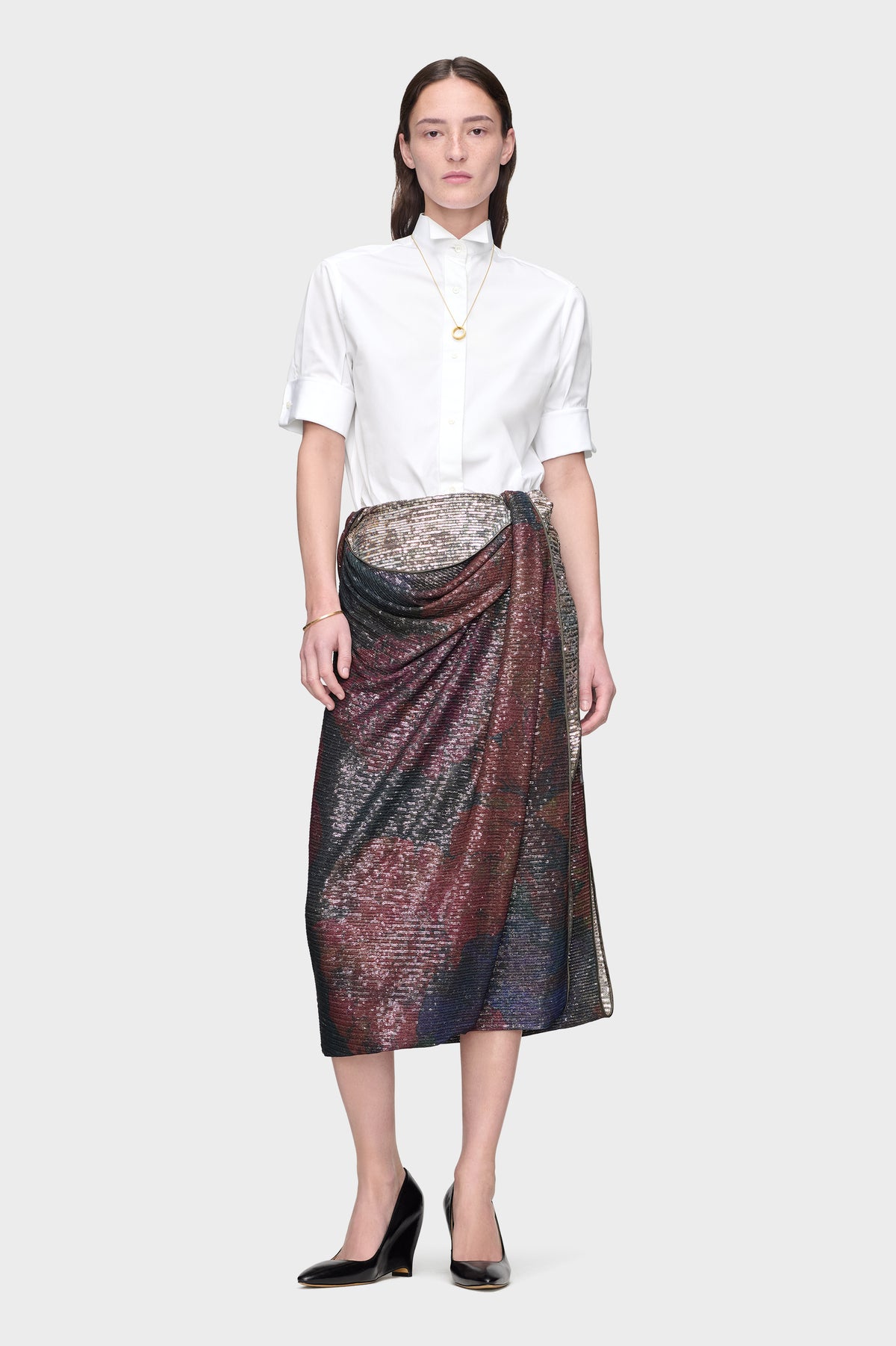 Printed Paillettes Draped Maxi Skirt