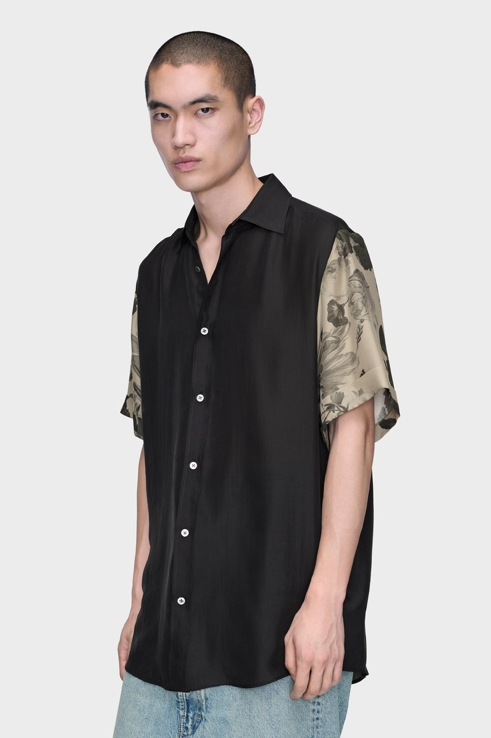 Designer Black Floral Sleeve Silk Shirt | Shop Online