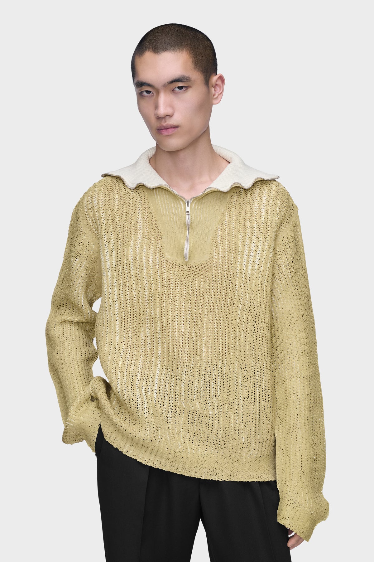 Zip-Neck Open-Knit Sweater
