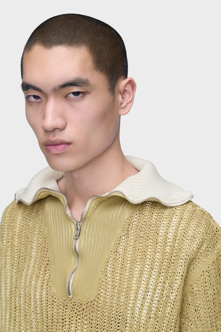 Zip-Neck Open-Knit Sweater