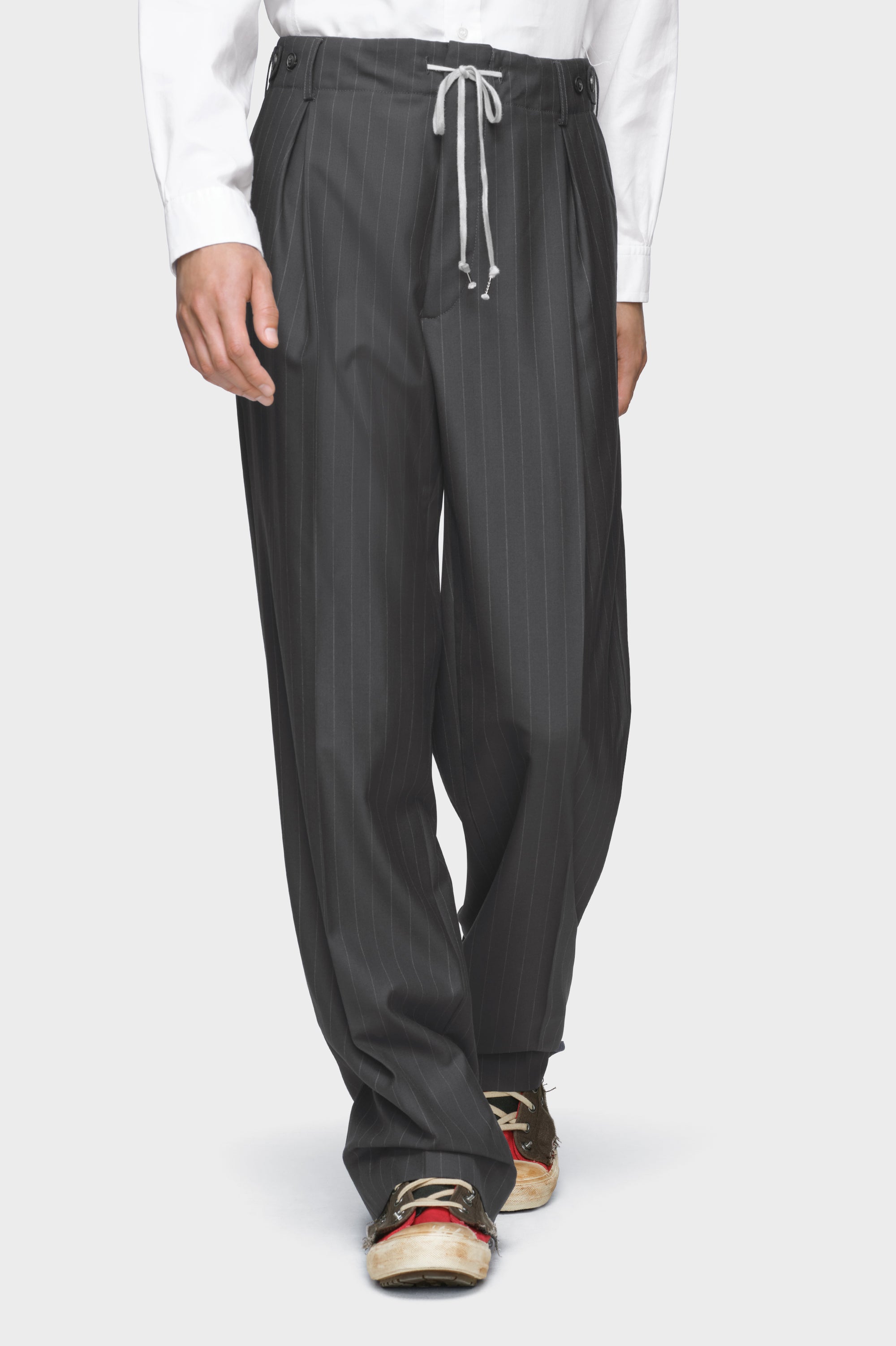 Maison Margiela Pinstripe Wool Drawstring Trousers, Blue | UAE Store
