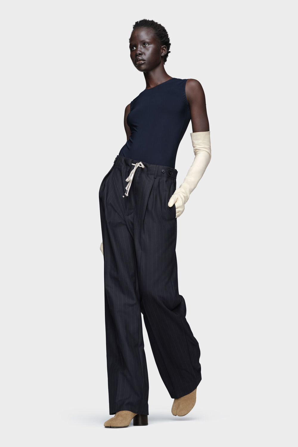 Maison Margiela Pinstripe wool drawstring trousers